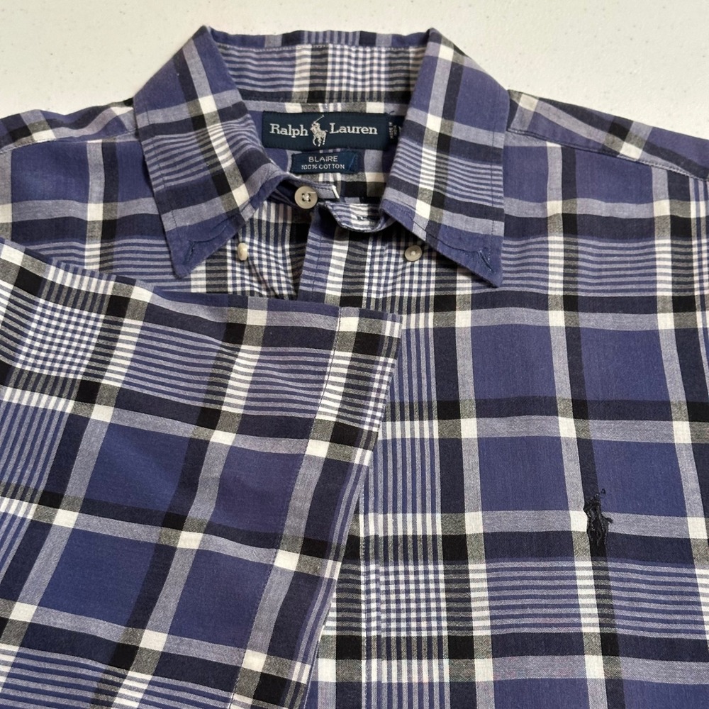 Ralph Lauren Blaire Plaid Short Sleeve 
Button Down Shirt Blue Black White‎ M